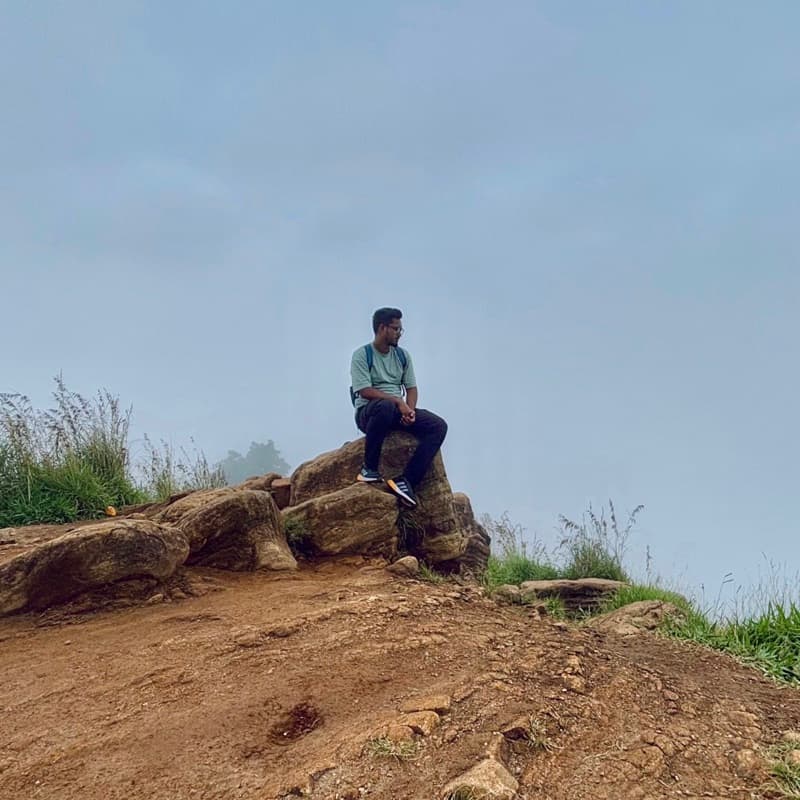 Sitting on a rocky hilltop in the mist