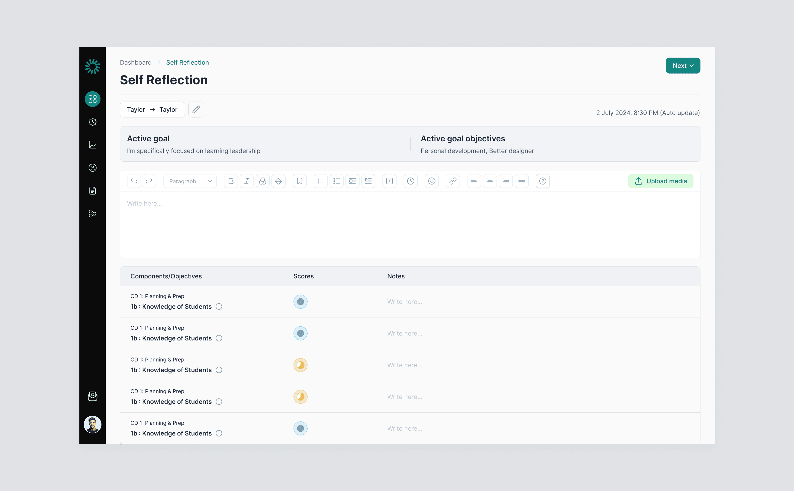 Classroom self-reflection dashboard scoring students against curriculum objectives