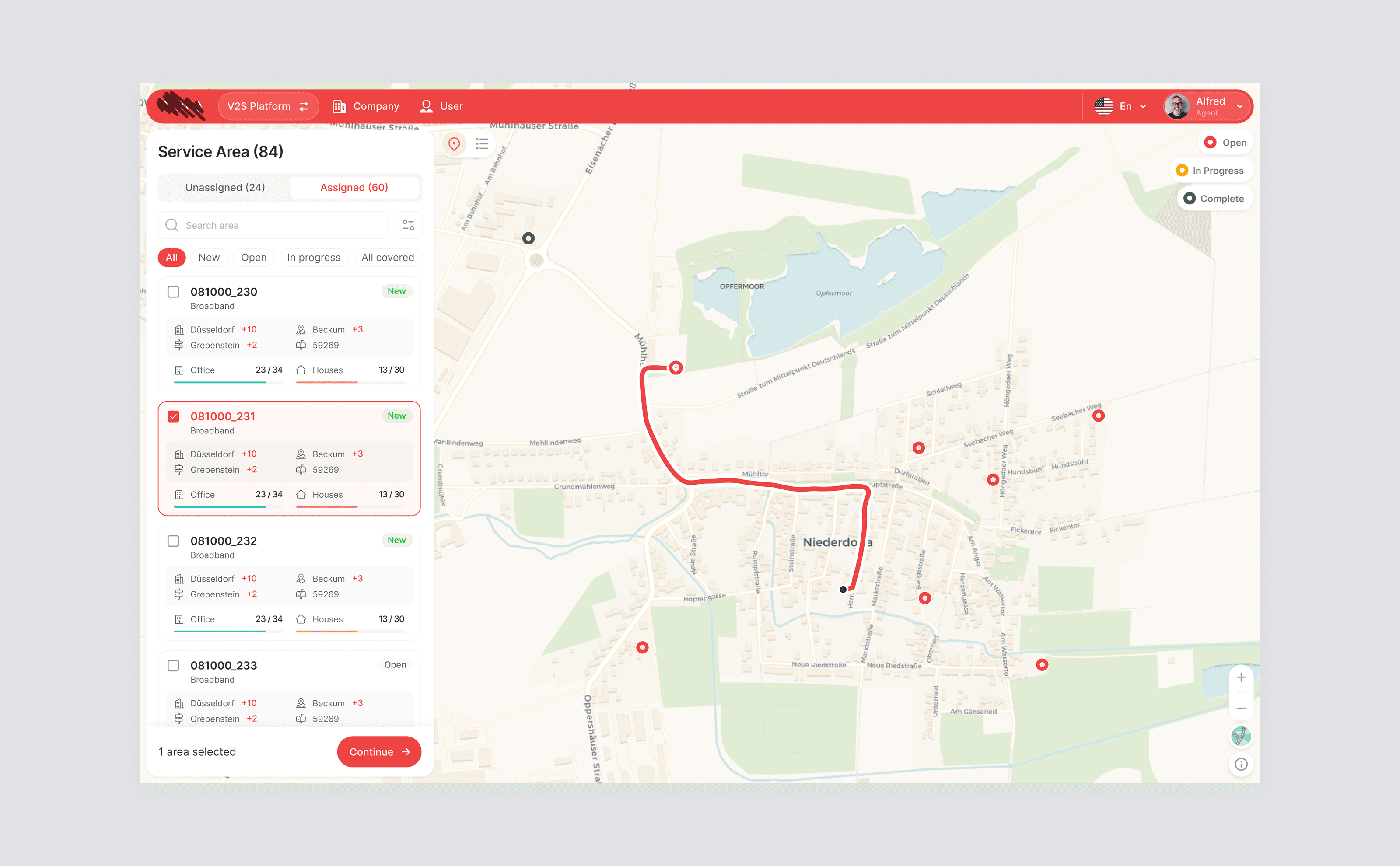 Dispatch map plotting a delivery route against a live list of jobs