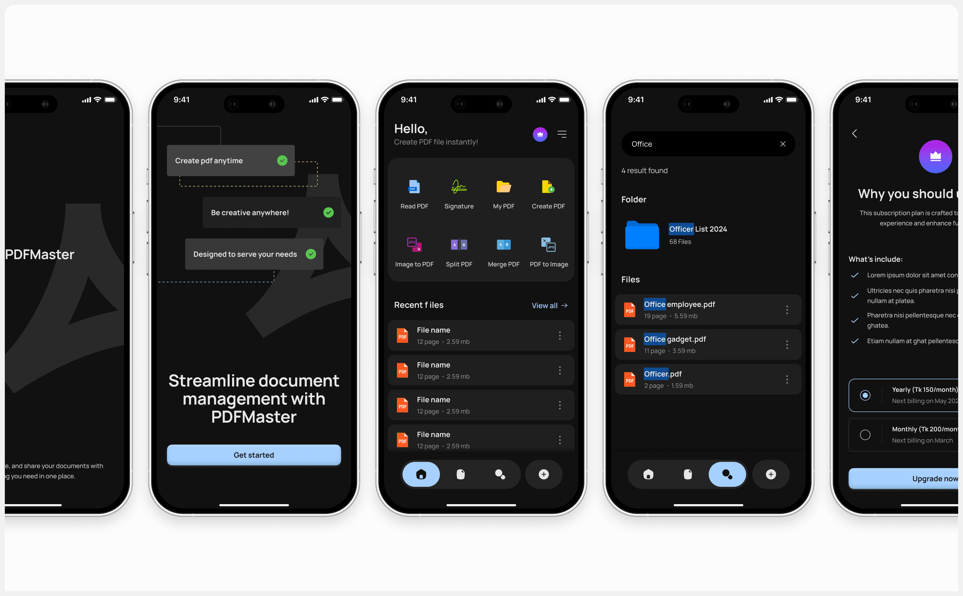 PDFMaster document management app across five phone screens